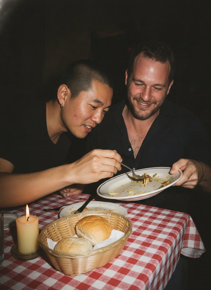 Flash snapshot of a man stealing a bite off his date's plate at a checkered-tablecloth restaurant