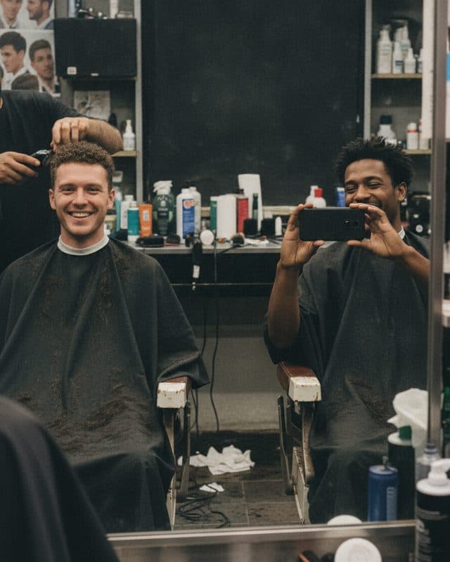 A man grinning in a barber chair while his friend films