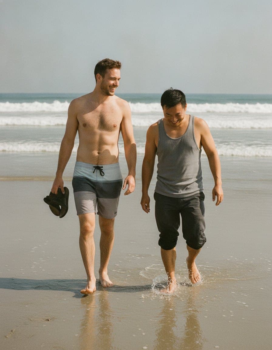 Two men jogging on a beach at sunrise