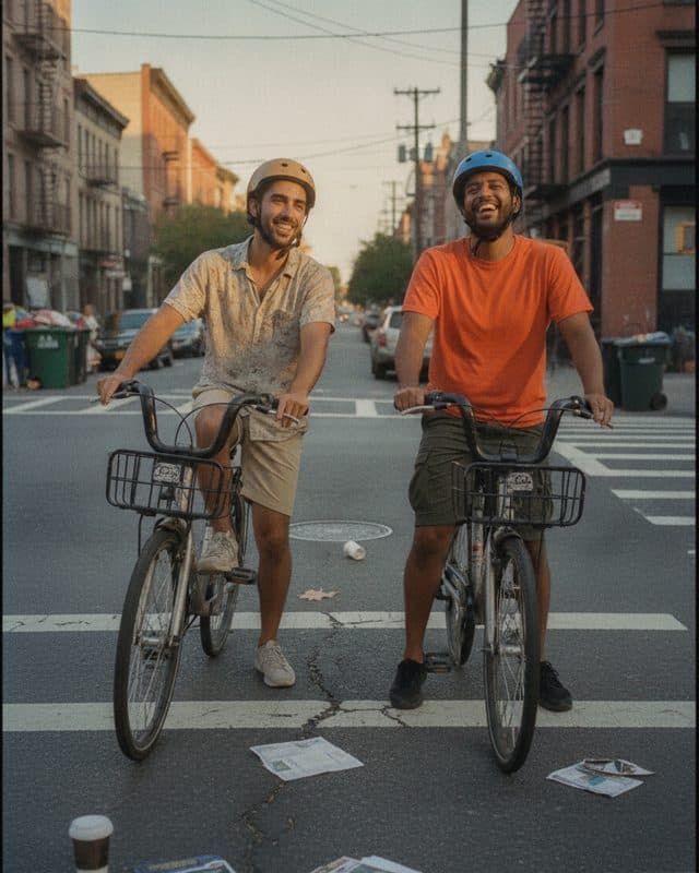 Two men on bikes at a crosswalk at golden hour