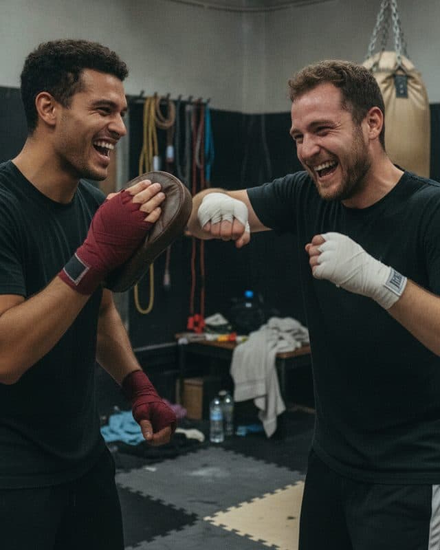 Two guys cracking up at a boxing gym