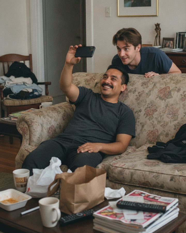 A man grinning at his phone while his roommate peeks