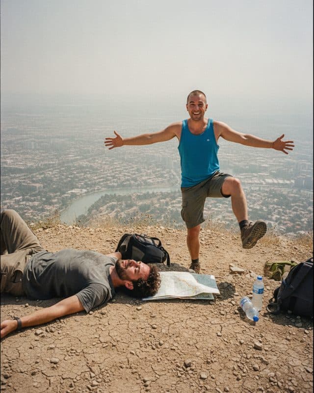 Two men at a dusty summit, one flat on his back
