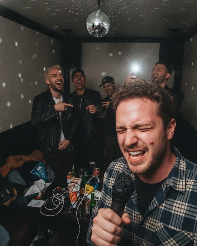A man belting karaoke, friends behind him