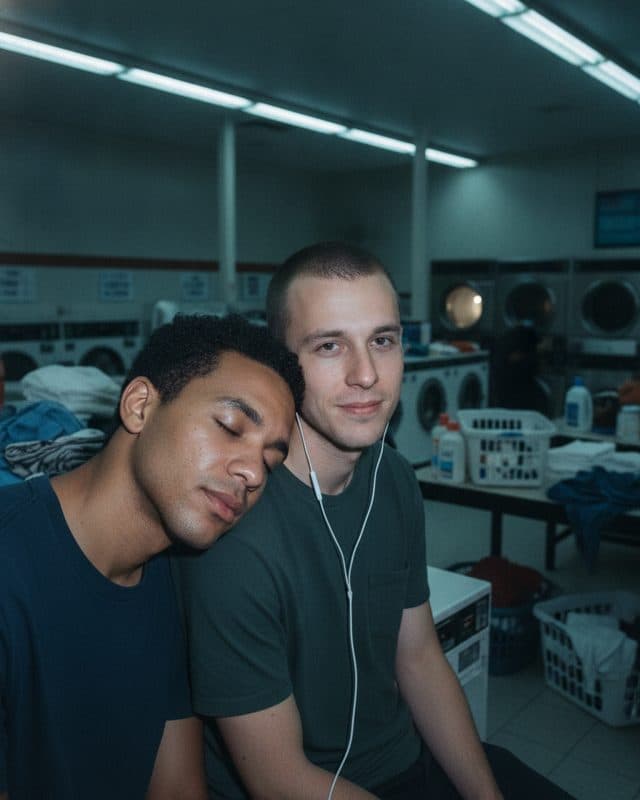Two men on top of dryers sharing earbuds