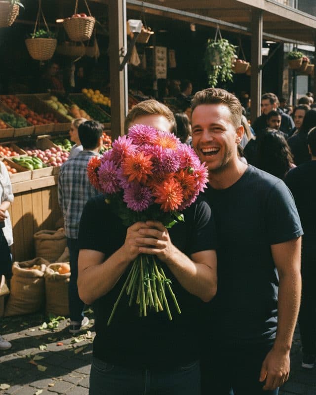 A man hiding behind a bunch of dahlias at a market