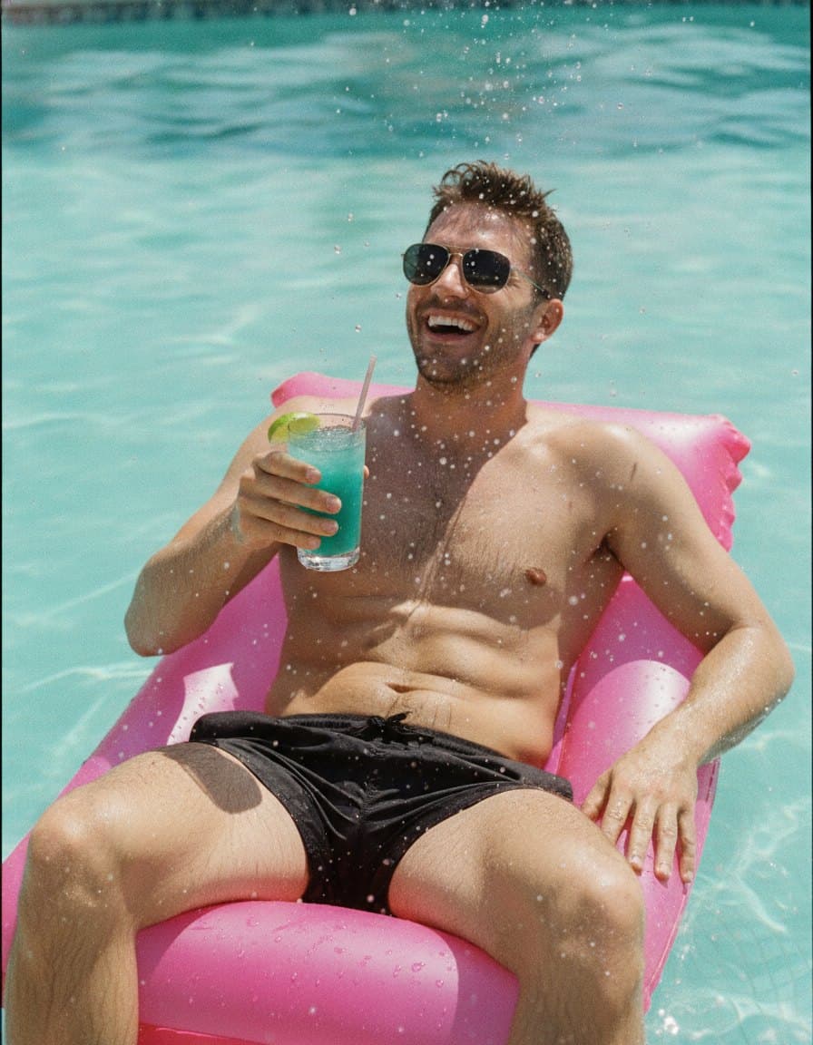 A man on a flamingo float with a drink