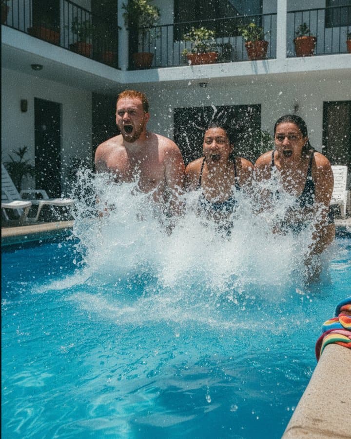 Friends mid cannonball at a hotel pool