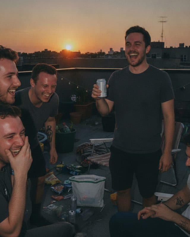 Friends toasting on a rooftop at sunset