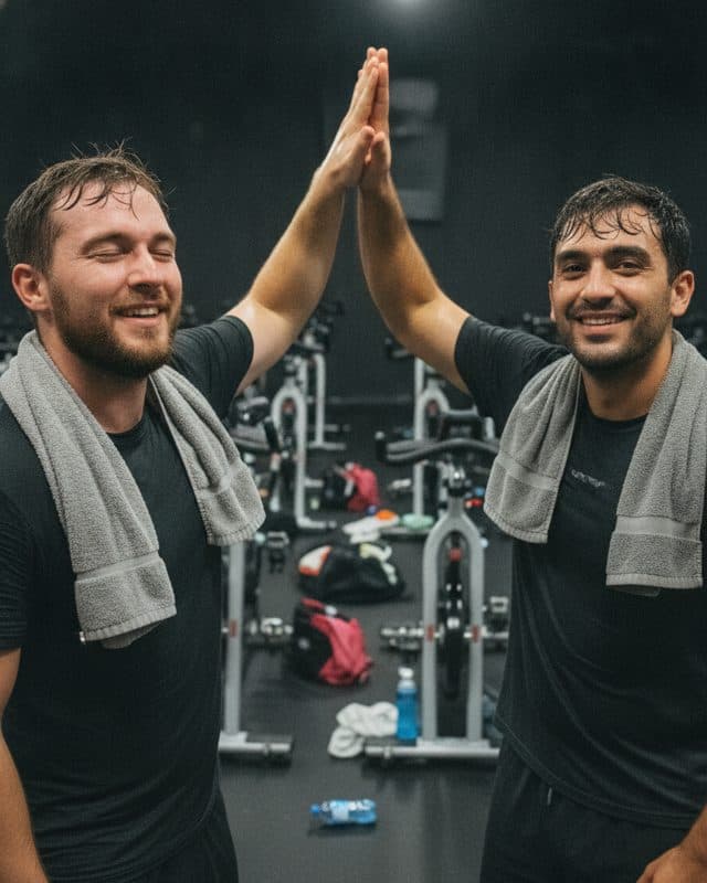 Two sweaty guys high-fiving after spin class