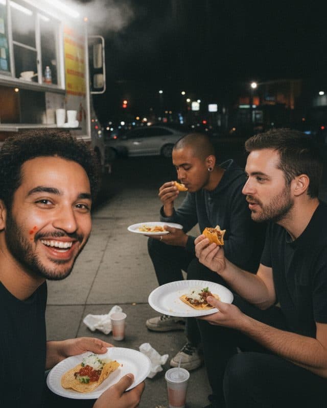 Three men eating tacos on a curb at night