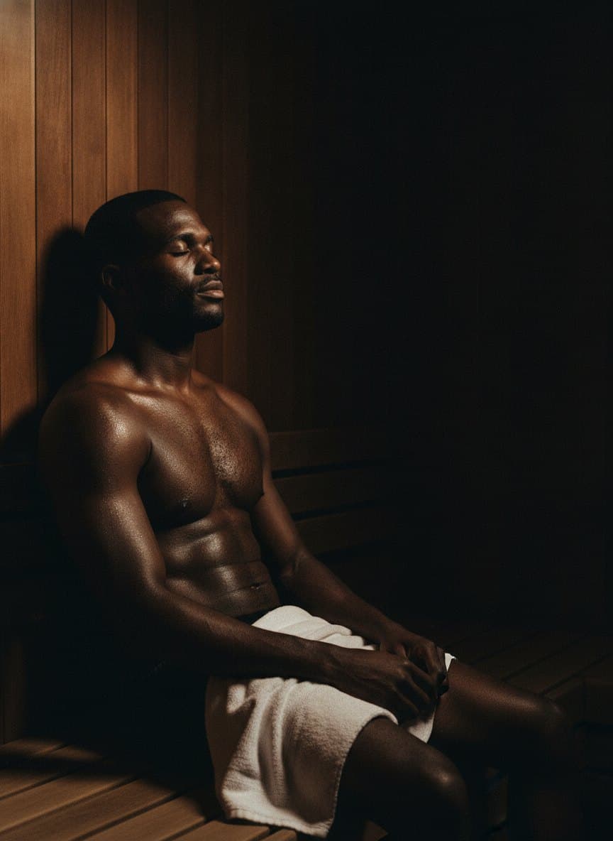A man resting between sets in a dim, blue-lit weight room