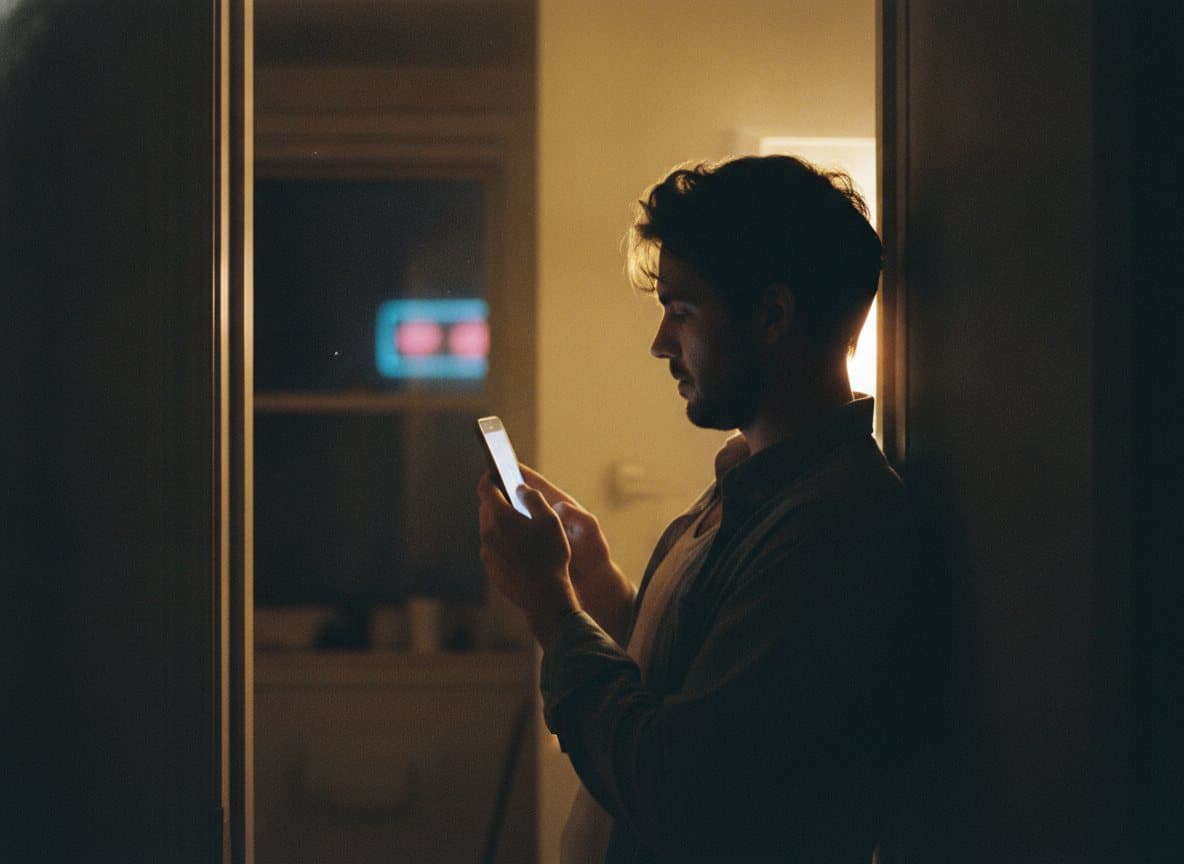 A man leaning in a lit doorway at night, phone held up for a video call