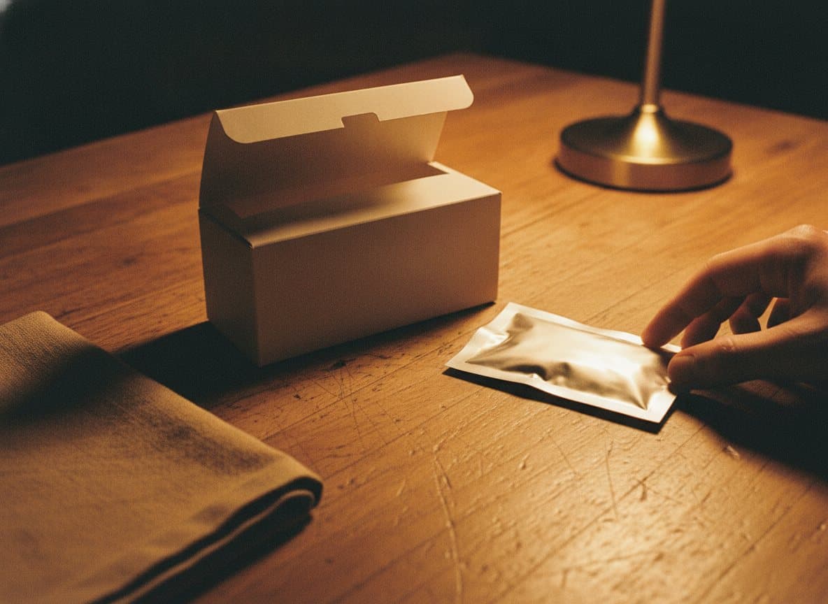 An open at-home test kit and swab pouch on a wooden table