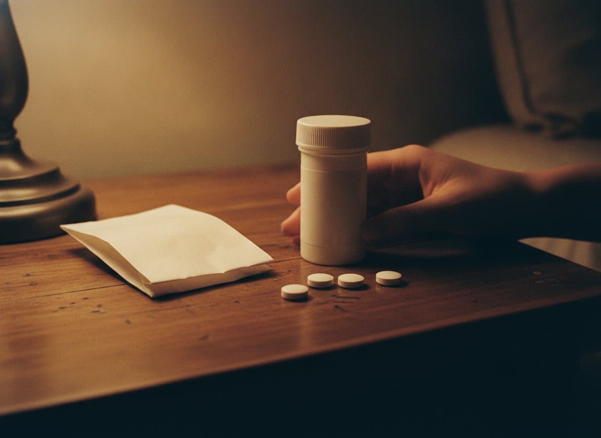 A hand reaching for a prescription bottle on a nightstand
