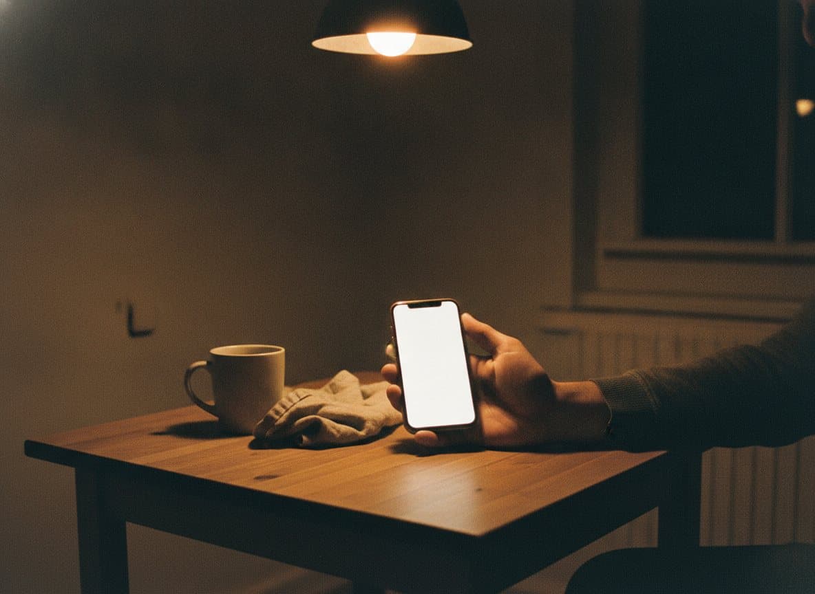 A hand holding a phone at a kitchen table under a warm lamp