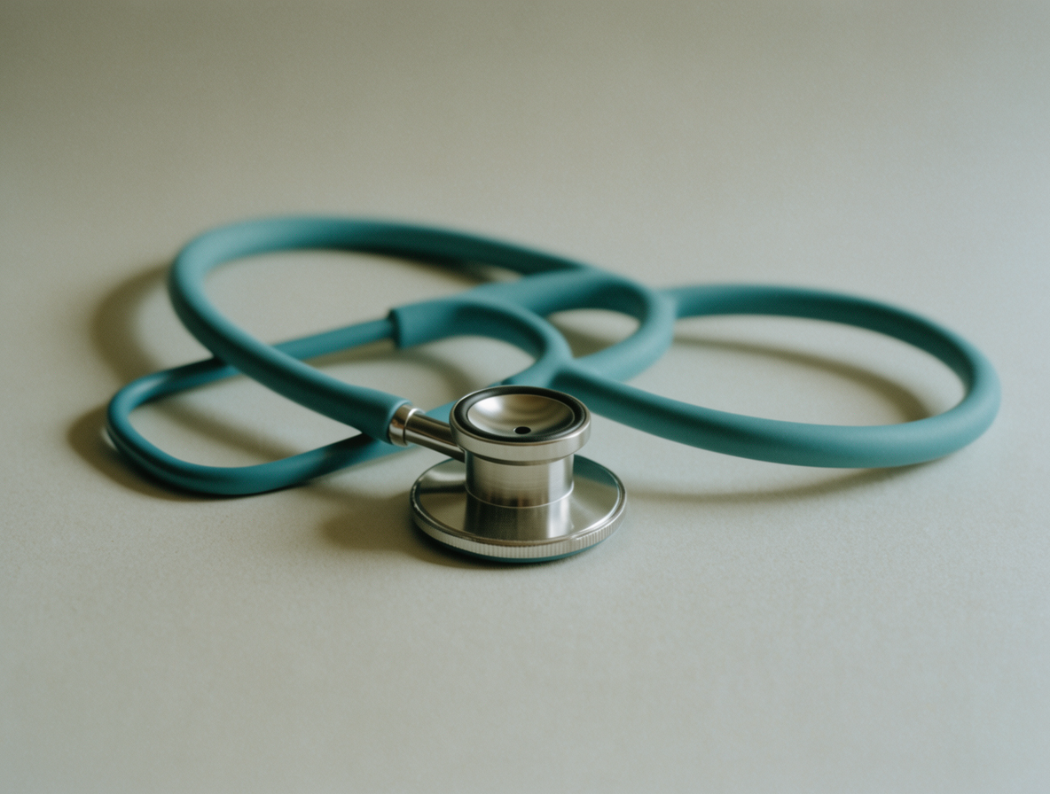 A stethoscope with teal tubing coiled on a pale background