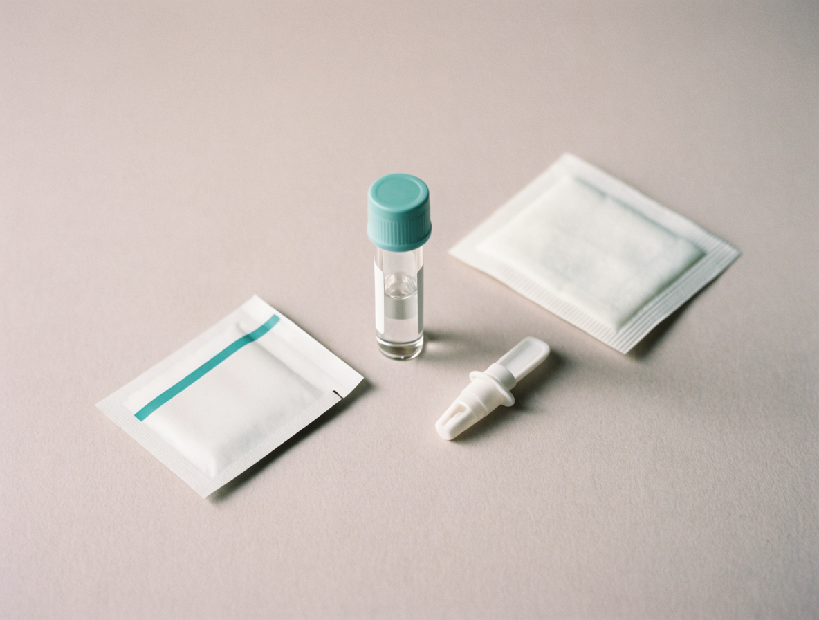 An at-home blood test kit flat lay: vial with teal cap, lancet, wipe and pouch