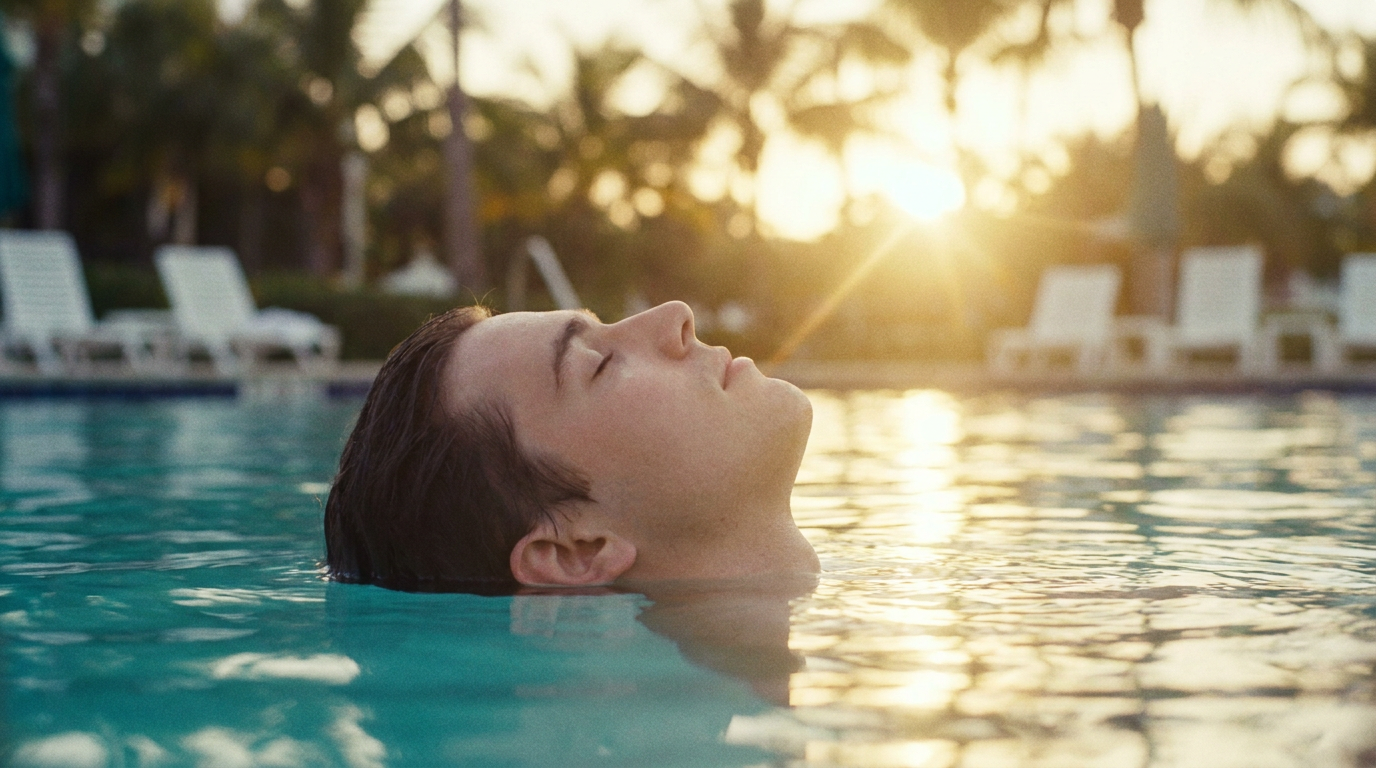 Water-level profile of a young man floating in a calm turquoise resort pool at golden hour, only his face above the surface