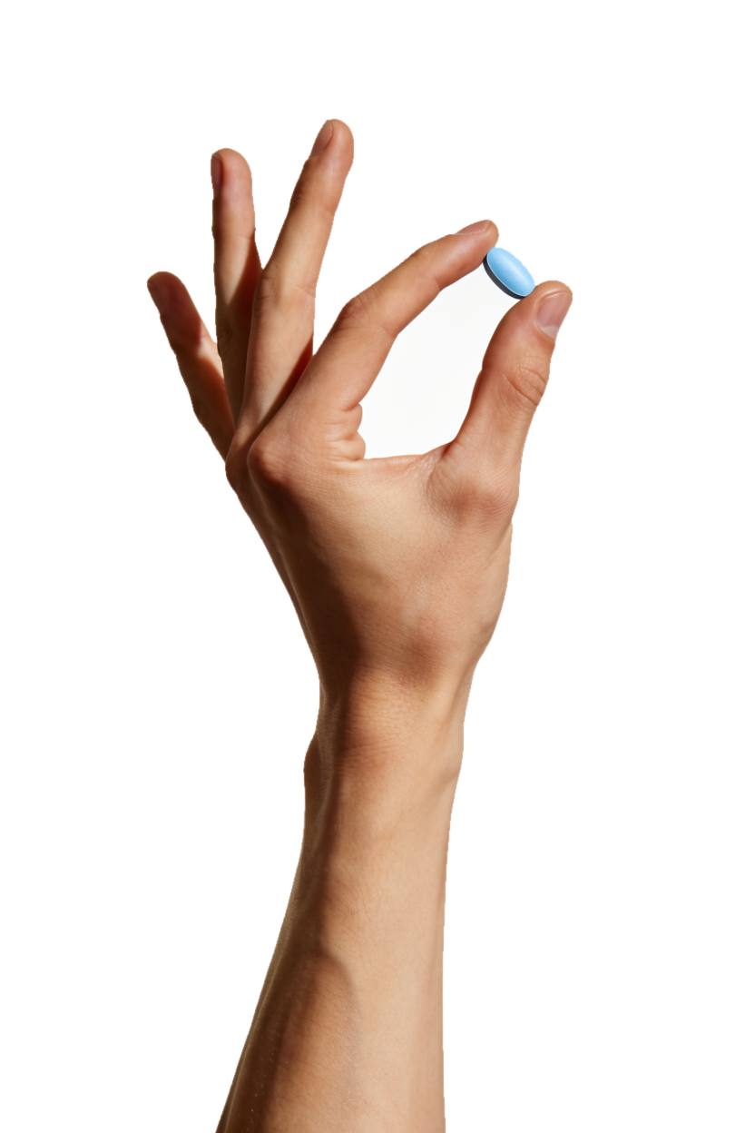 A hand holding up a single blue PrEP pill against a white background