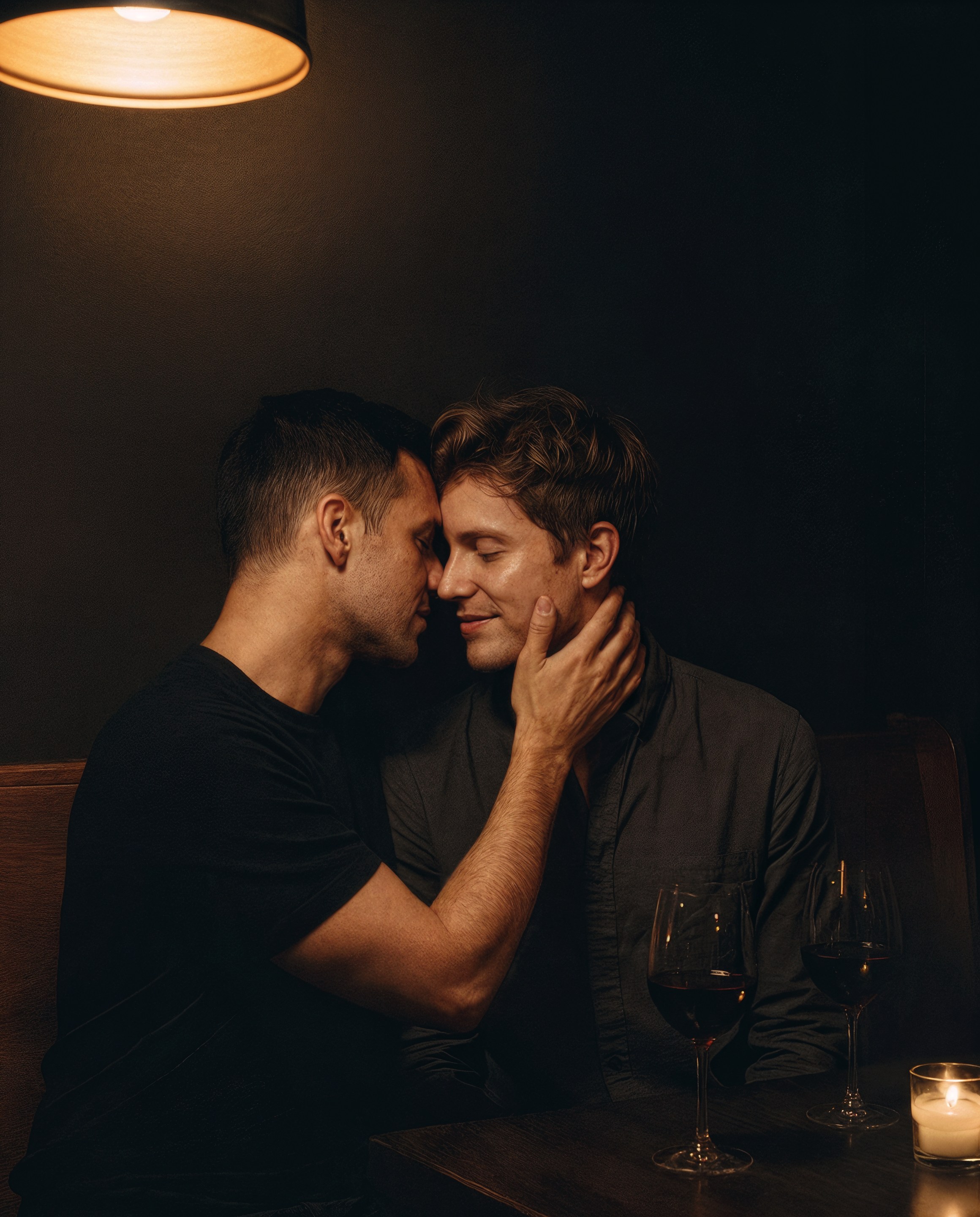 Two men on a date in a dim wine bar, one cupping the other's jaw, foreheads almost touching under a single warm lamp