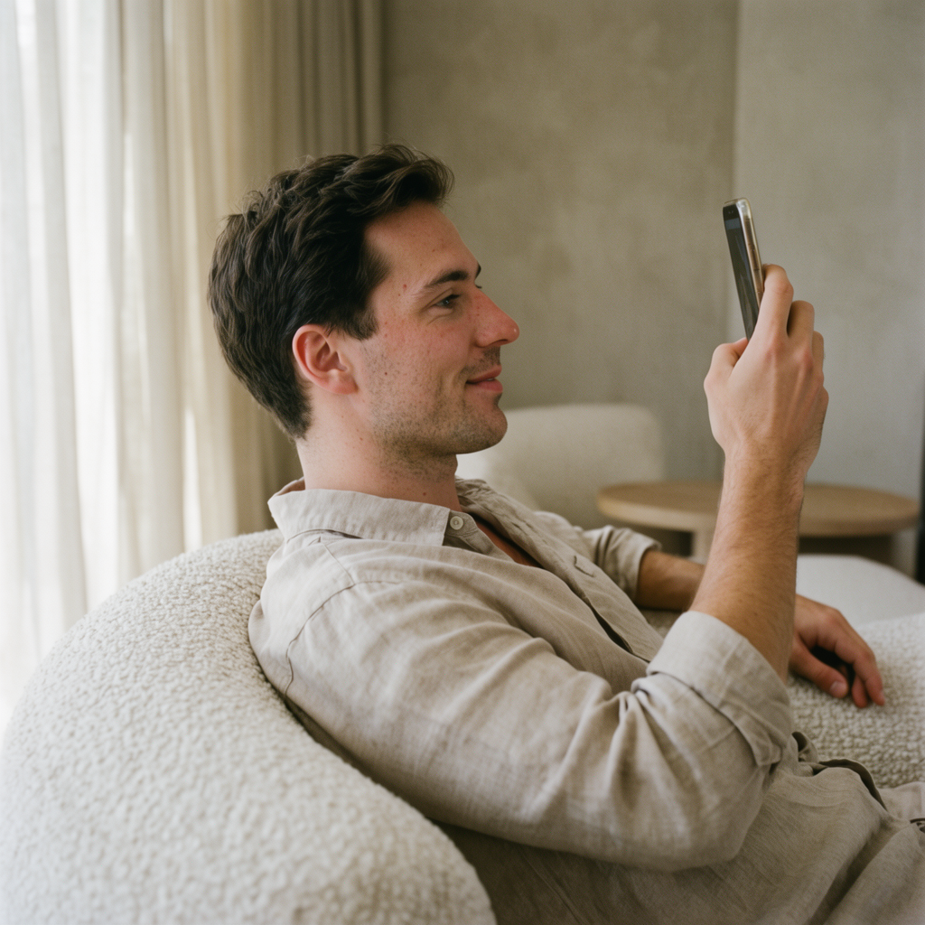 Side profile of a man in a linen shirt relaxing on a boucle sofa, phone raised for a video call