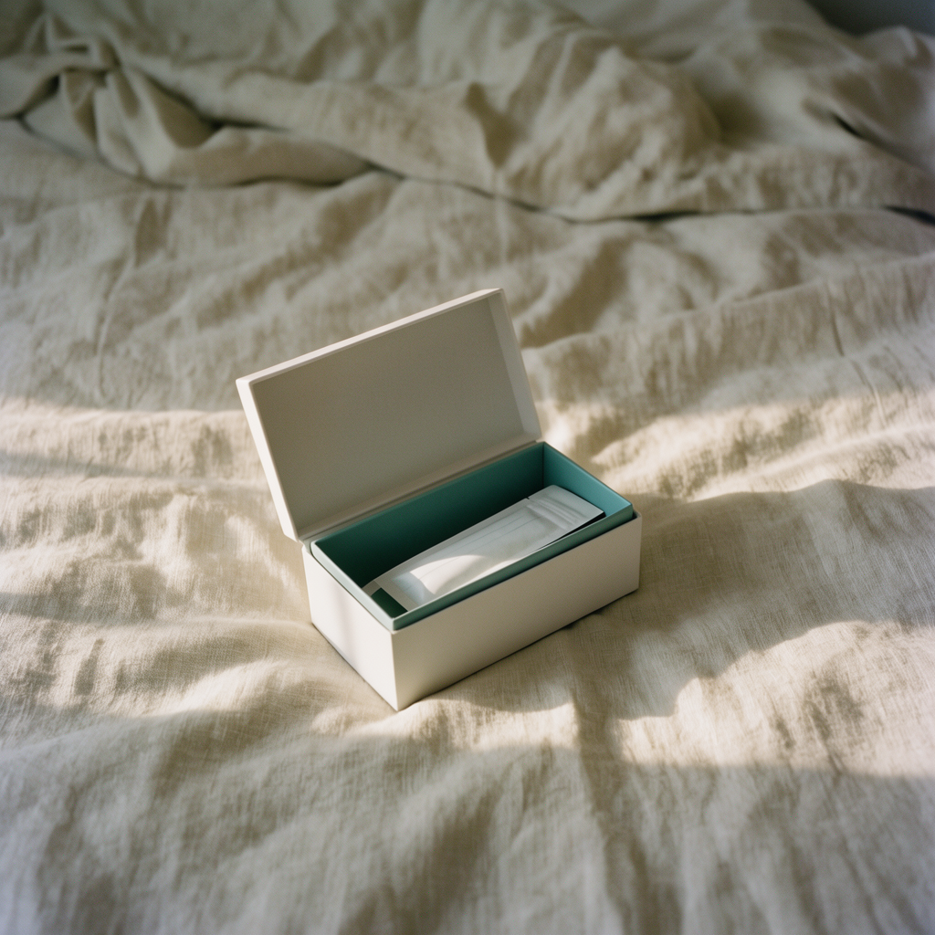 An open white test kit box with a teal interior and paper pouch on sunlit linen bedding