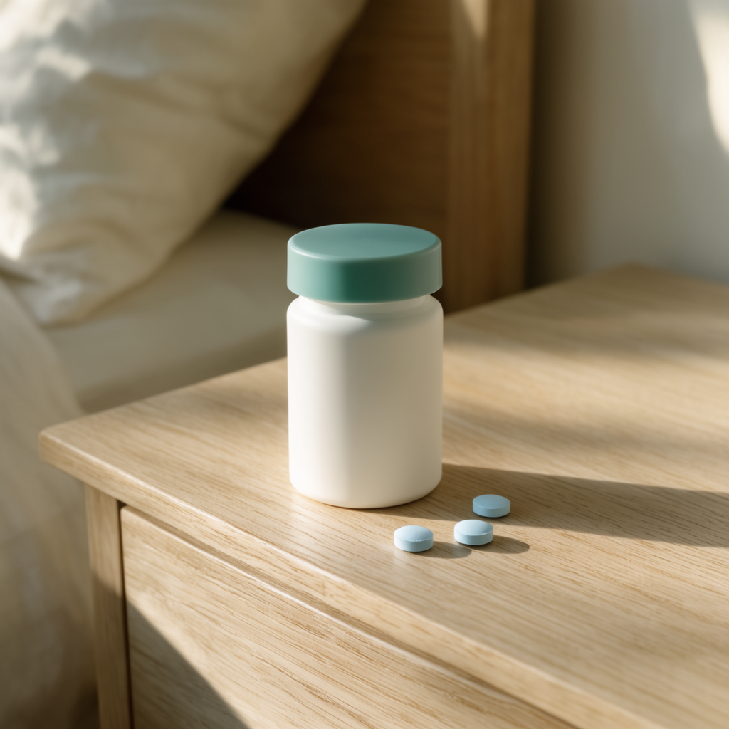 A white pill bottle with a teal cap and three blue pills on an oak nightstand in morning light