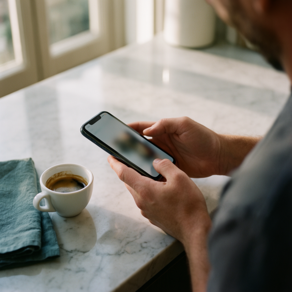 Over-the-shoulder view of a man checking his phone at a sunlit marble counter with an espresso